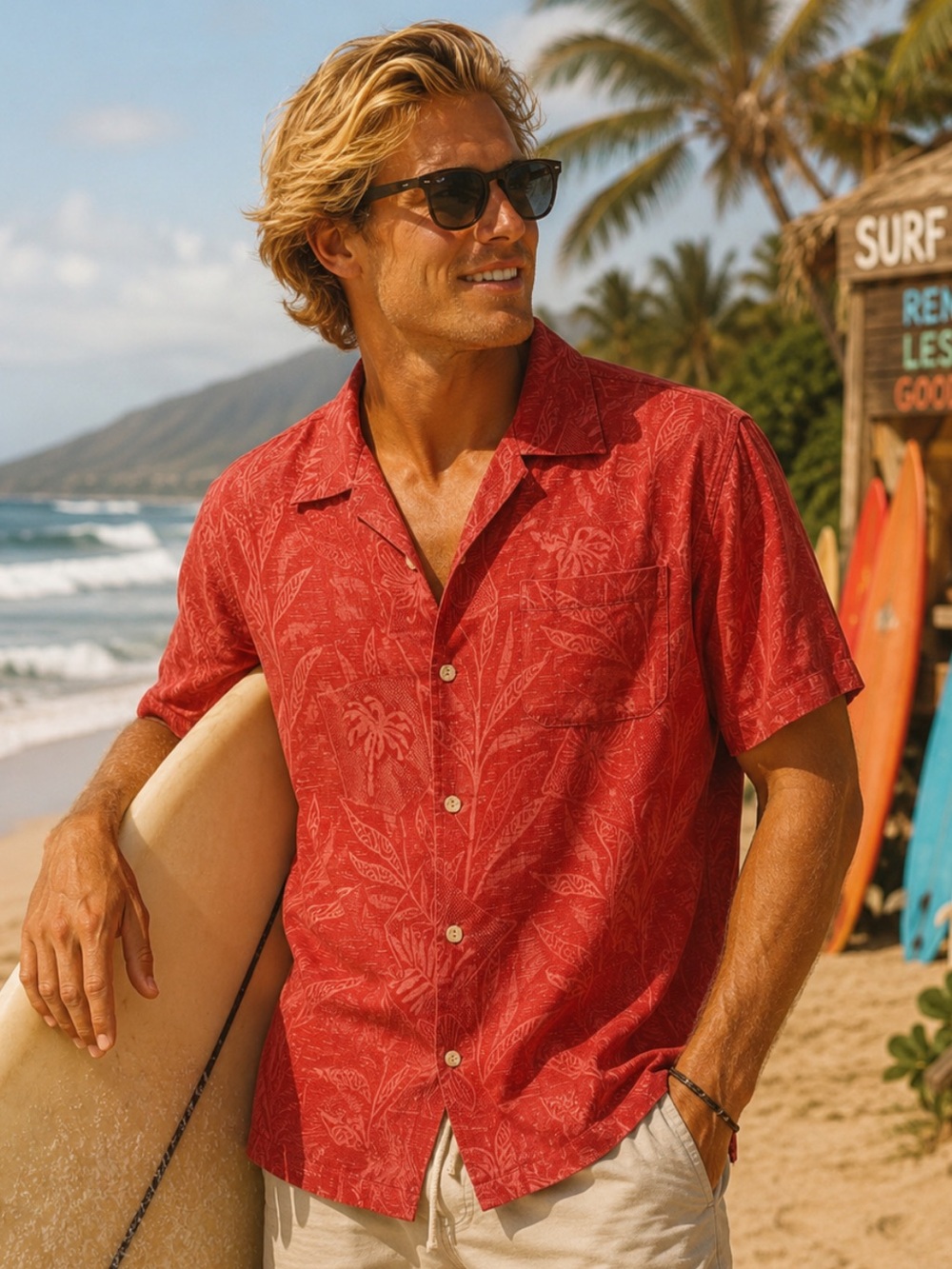 Jamaica Jaxx Silk Camp Shirt Medium Hawaiian Jacquard Aloha Pocket